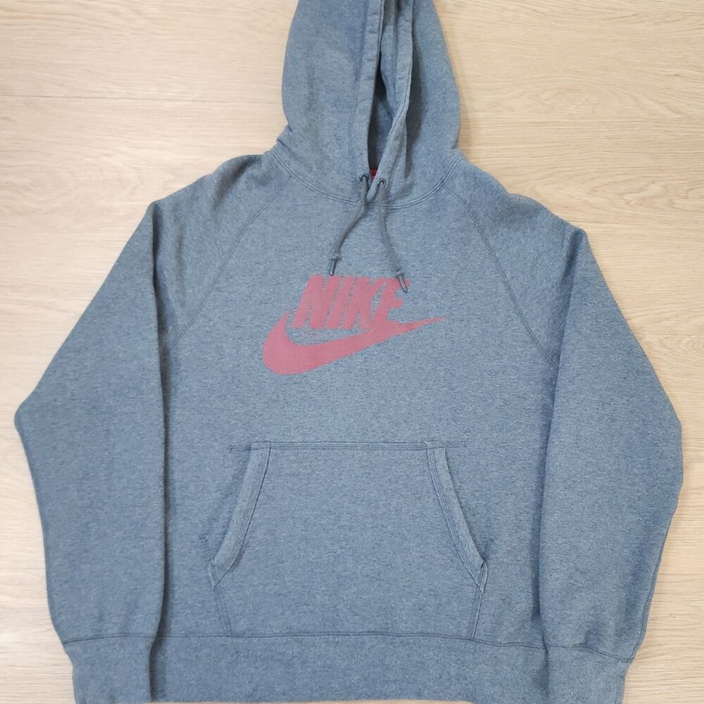 Nike Hoodie Mens L Gray Spellout Graphic Print Logo Pullover Red Tag Y2K